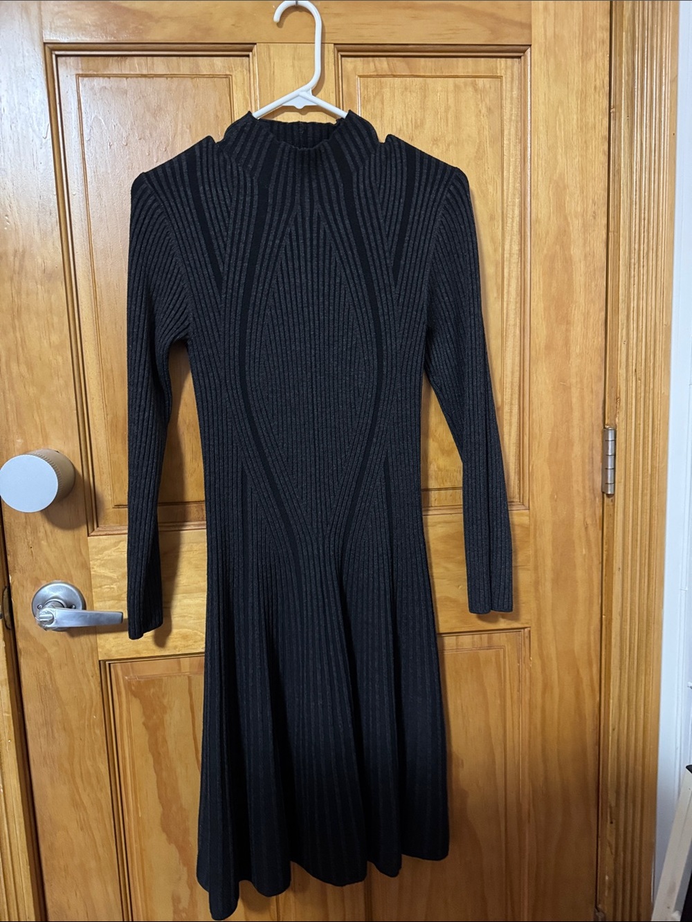 French Connection Black grey  Ribbed Long-Sleeve Knit Dress